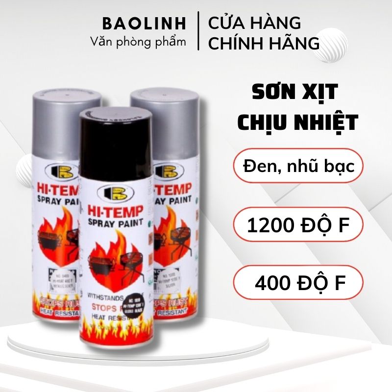 Sơn Chịu Nhiệt Hi-temp Bosny - Sơn Xịt Nhiệt Độ Cao 400-1200 độ F Màu Đen, Nhũ Bạc BOSNY Hàng Chính Hãng -vanphongpham.baolinh