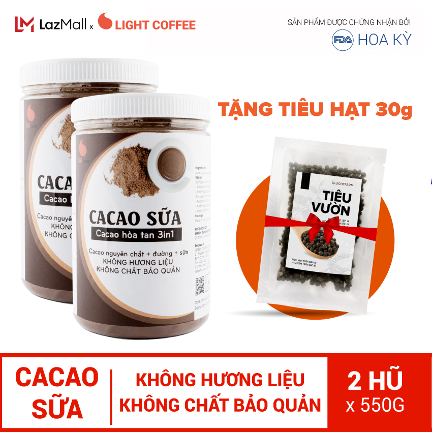 Combo 2 hũ bột cacao sữa 3in1 đậm đà, thơm ngon, không hương liệu Light Cacao 550gr/hũ