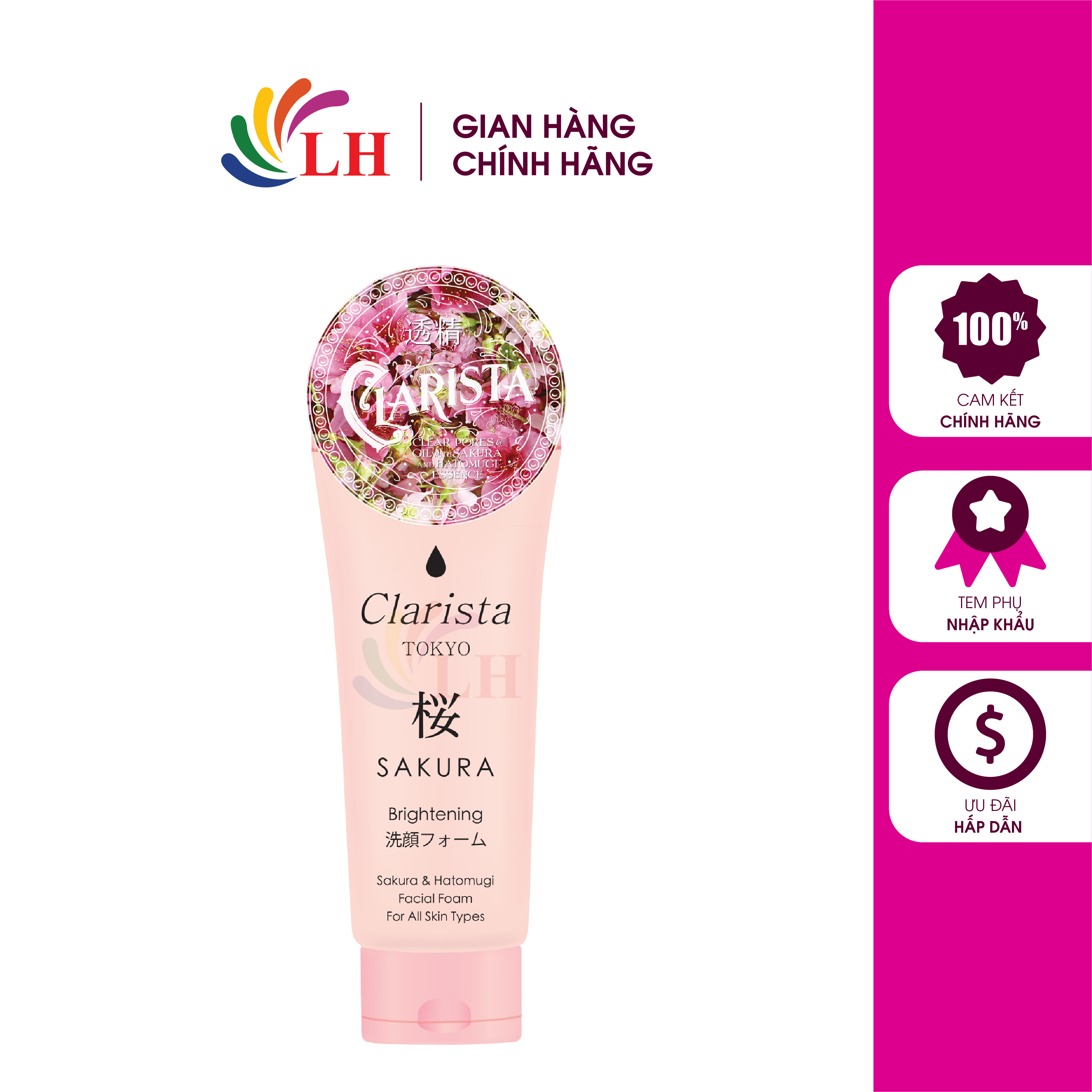 Sữa rửa mặt chiết xuất hoa anh đào Kumano Clarista Tokyo Sakura & Hatomugi Facial Foam làm sạch và dưỡng ẩm da (130g)