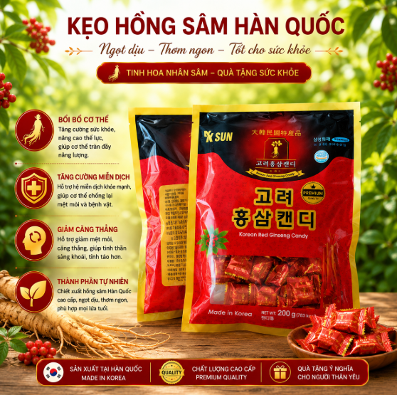 Kẹo hồng sâm ksun vitamin hàn quốc gói 200 gram - kẹo sâm hàn quốc 200gram