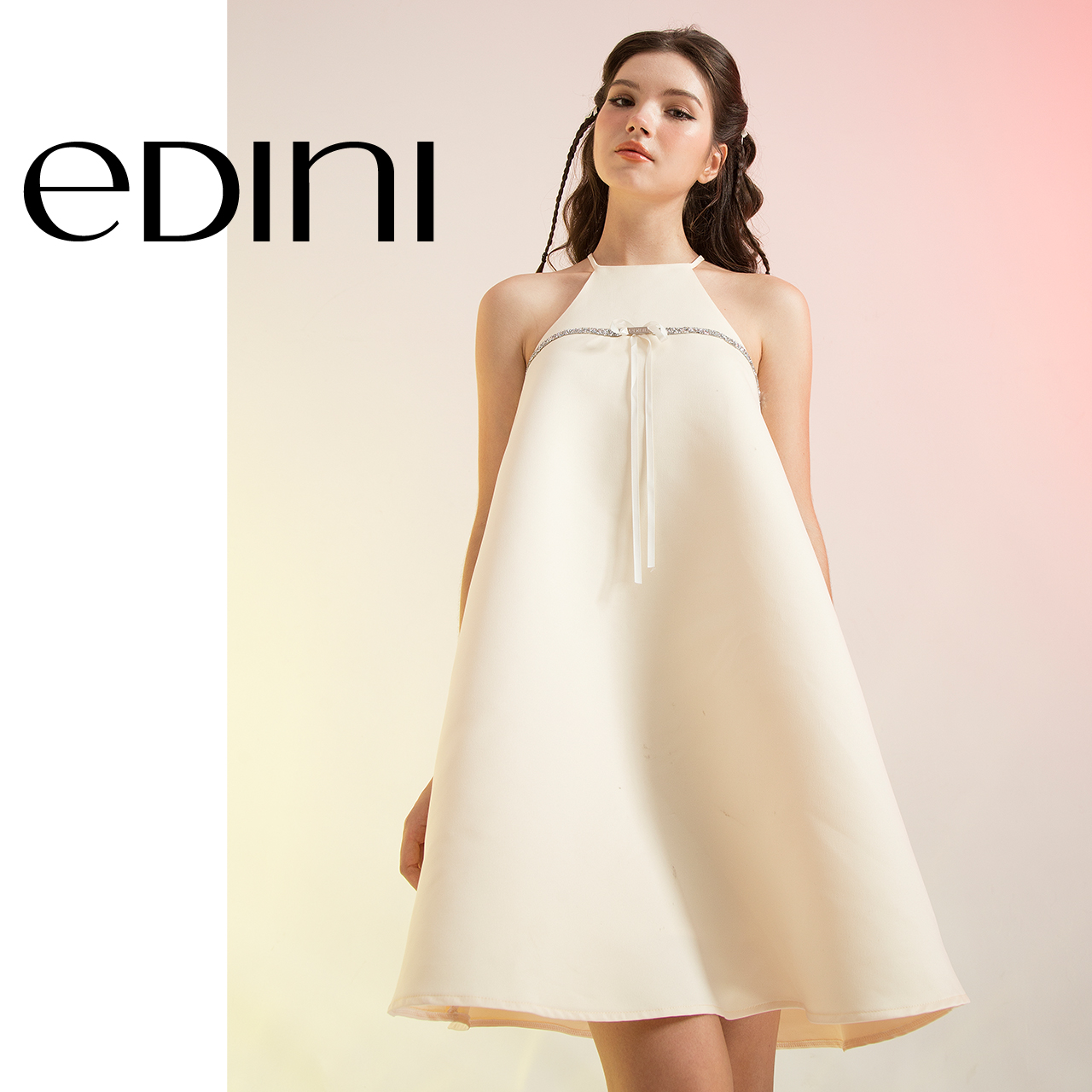 Đầm dáng ngắn cổ yếm đính nơ cách điệu tiểu thư - edini - d1617