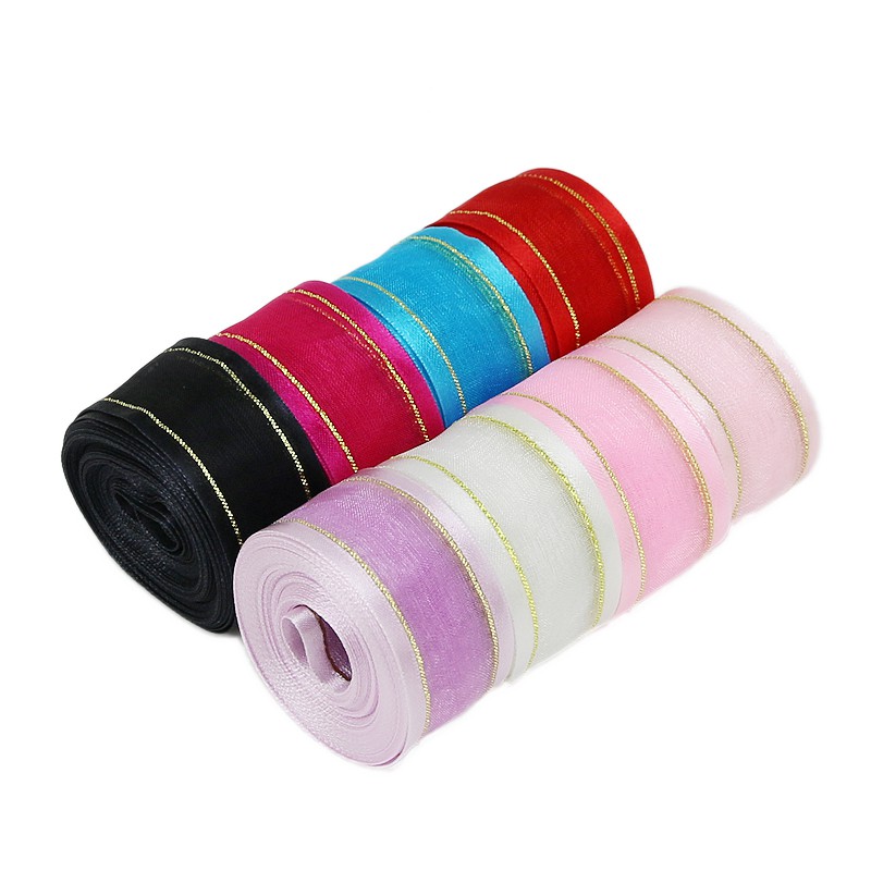 25mm Wide Edge Golden Edge Organza Ribbon Wholesale Gift Packaging Ribbon