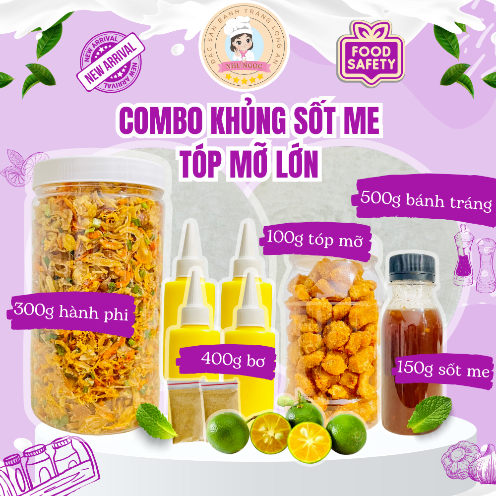 Bánh tráng phơi sương - COMBO SIÊU KHỦNG ( 1,4 Kg ) - Đồ ăn vặt NHƯ NGỌC Gồm 500g Bánh Tráng + 400G Bơ béo siêu ngon + 300G muối tép hành phi loại 1 + 150g Nước sốt me ( Tặng 2 bịch muối nhuyễn 50G) Siêu ngon siêu chất lượng