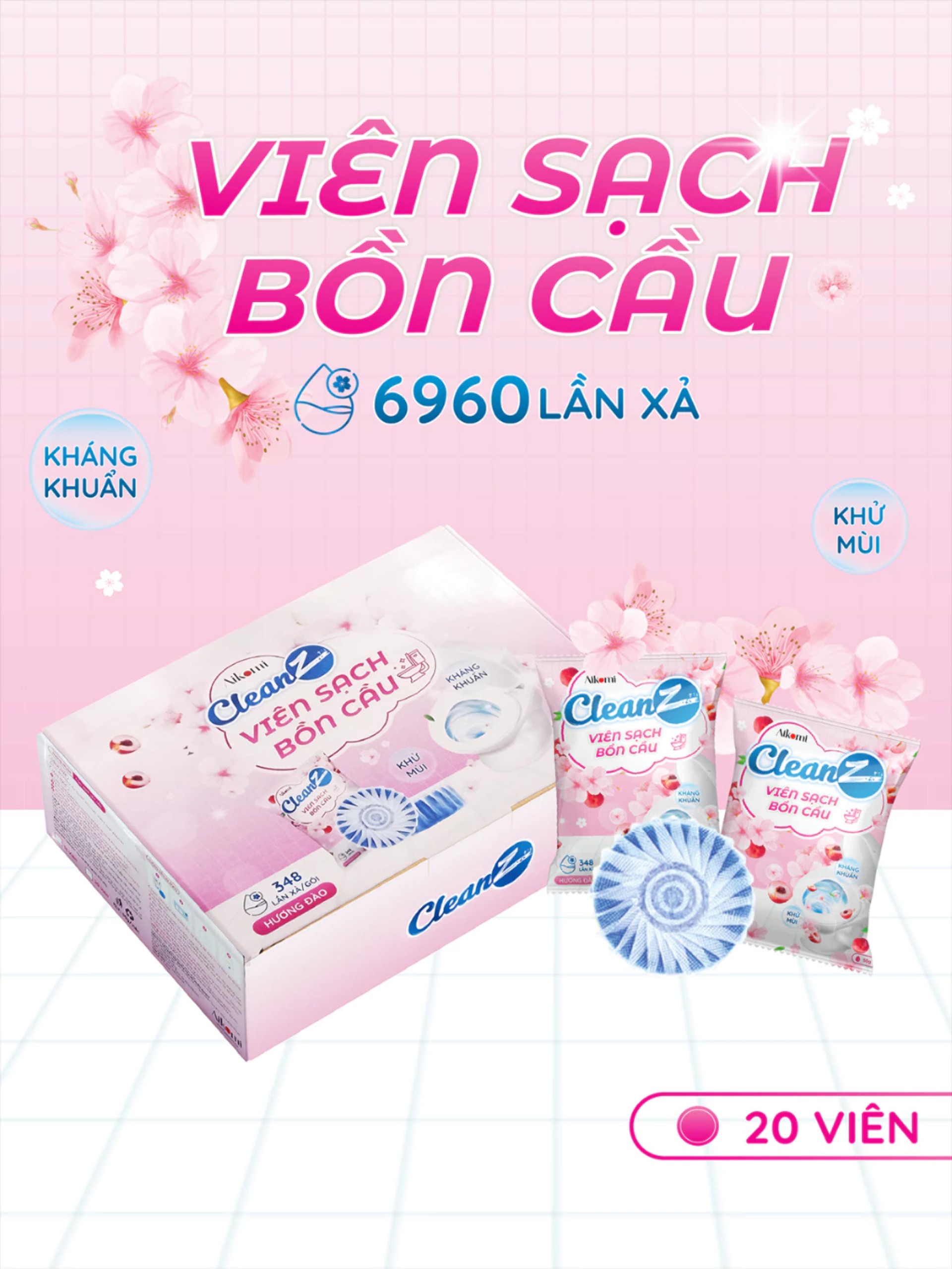Hộp 20 Viên thả bồn cầu CleanZ thế hệ mới tẩy sạch mảng bám, diệt vi khuẩn toilet vị đào