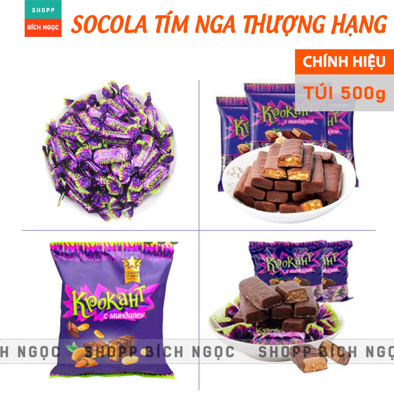 Kẹo Socola tím Nga Kpokaht, dòng Socola hạnh nhân chất lượng thượng hạng, tuyệt ngon gói 500g - bánh kẹo Tết