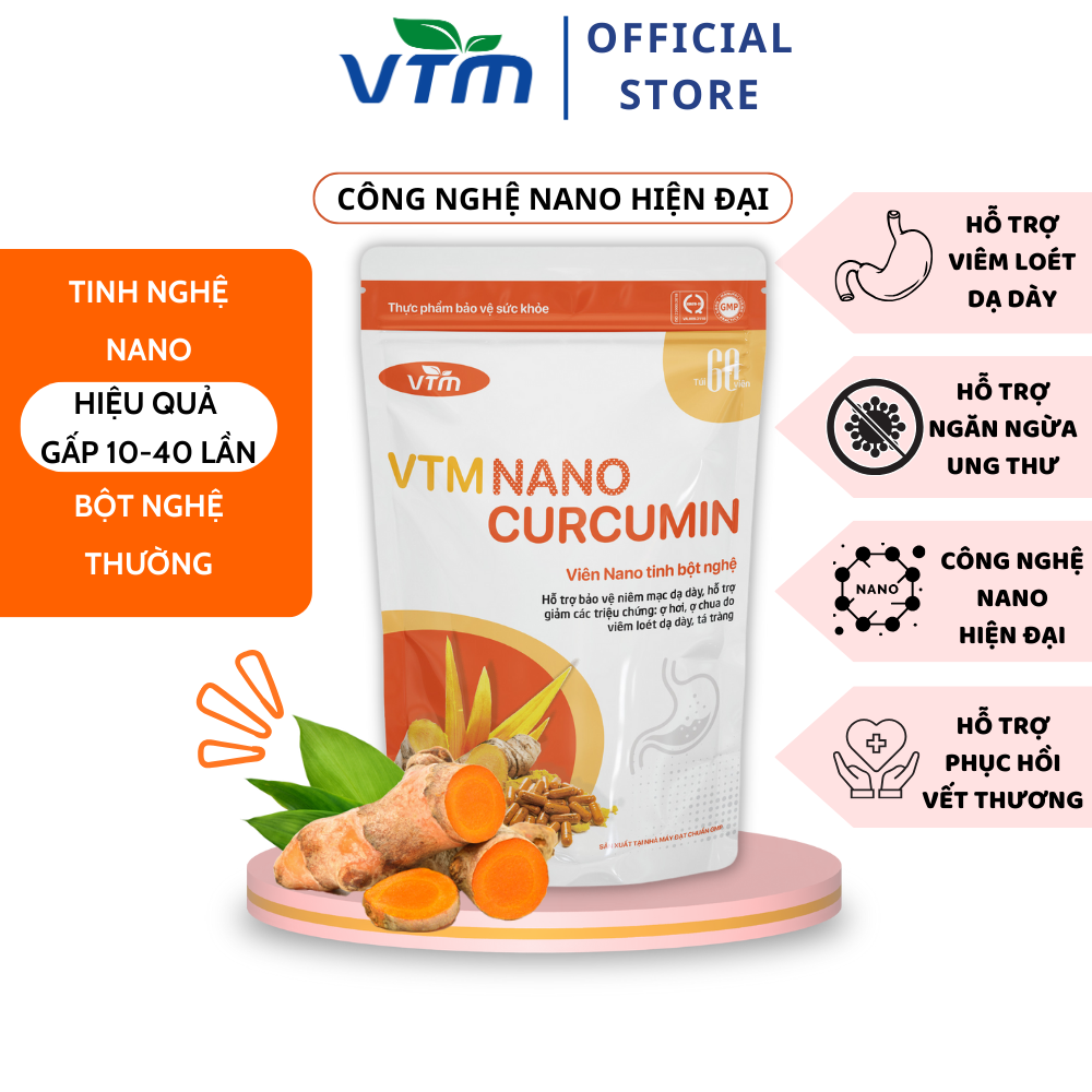 Viên uống tinh bột nghệ VTM Nano Curcumin - hỗ trợ làm đẹp và viêm loét dạ dày - Gói 60 viên