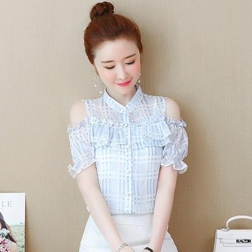 Hàng Nhập : ÁO SƠMI VOAN CỔ TRỤ HỞ VAI , PHONG CÁCH TRẺ – AK 329