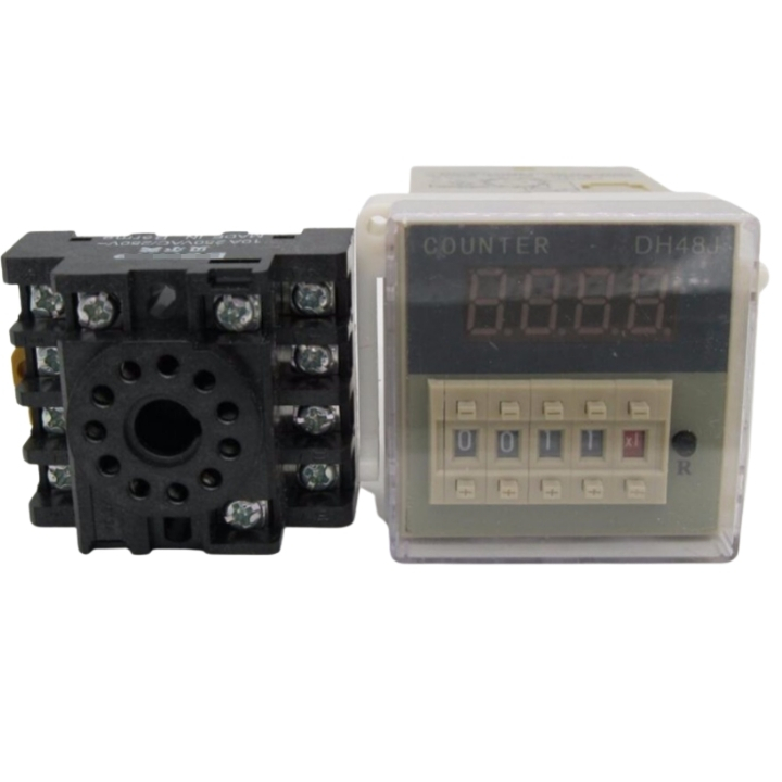Bộ đếm 4 số tự động DH48J-11 digital counter 11 chân tròn từ 1 đến 999900 điện áp 220VAC kèm chân đế PF113A