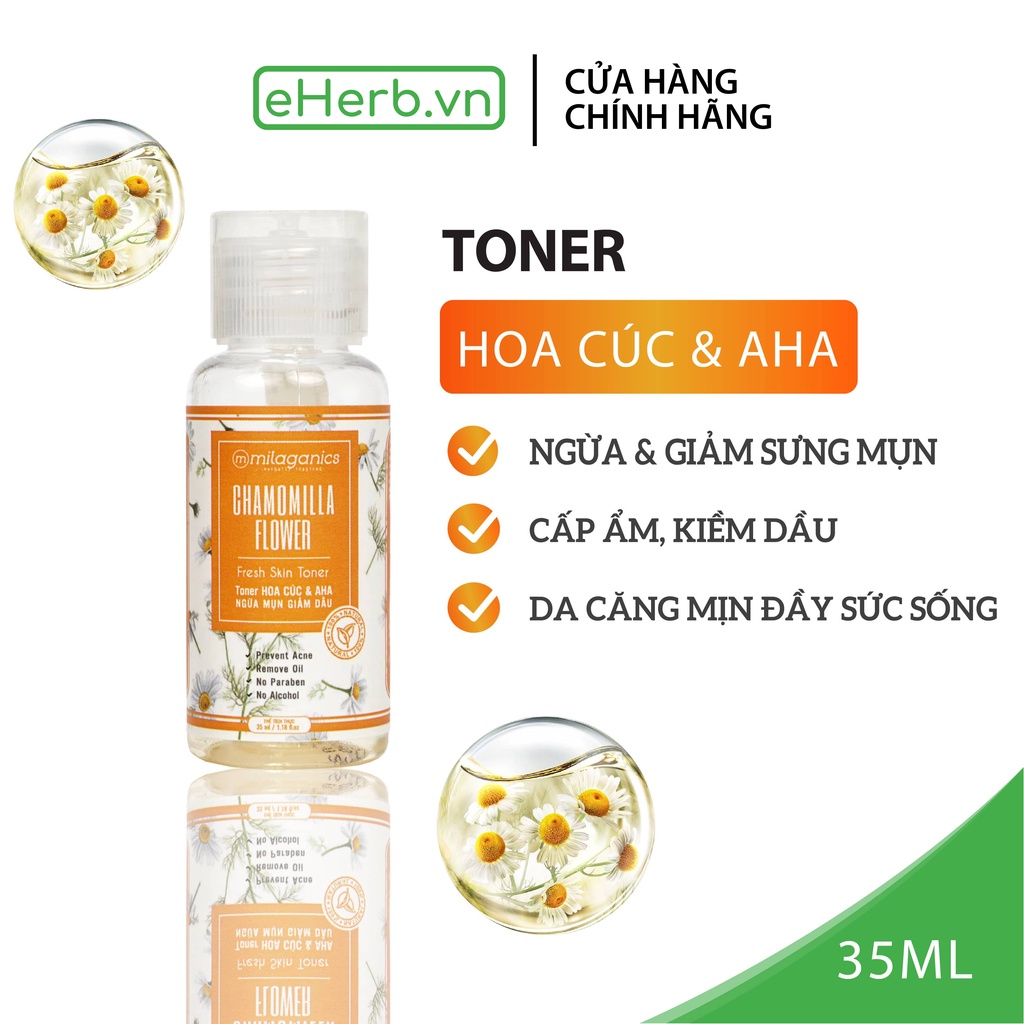 Nước hoa hồng toner hoa cúc & aha 5% cấp ẩm, giảm mụn dành cho da dầu mụn milaganics 35ml