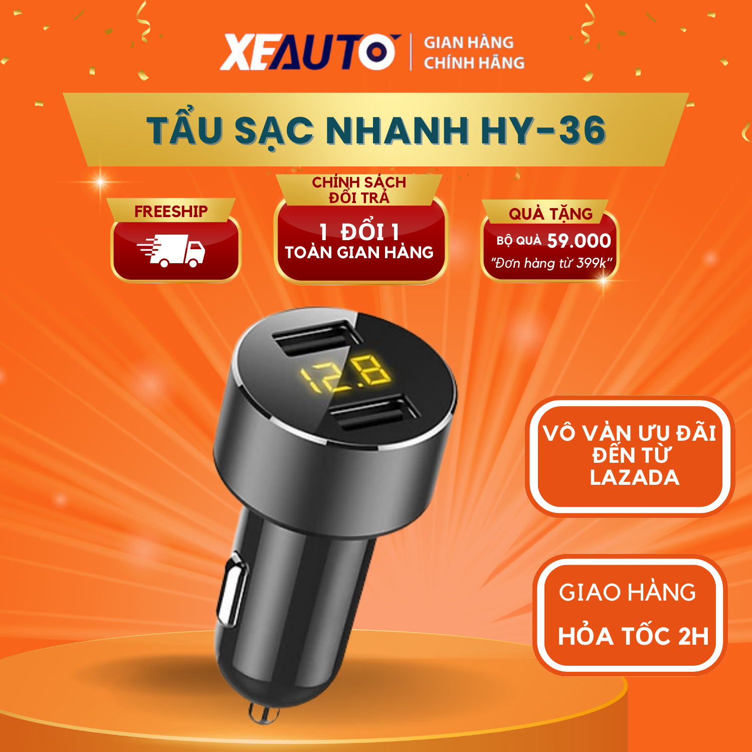 Tẩu sạc ô tô – tẩu sạc nhanh ô tô – bộ chia sạc xe hơi usb hyundai cao cấp hy-36
