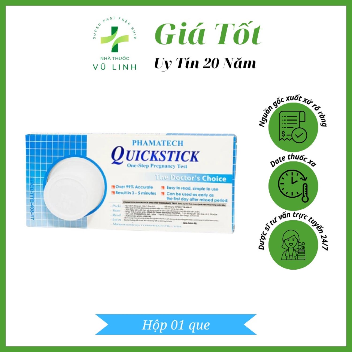 Que thử thai quickstick - nhập khẩu từ usa, test thai sớm nhanh quick stick hộp x 1 que