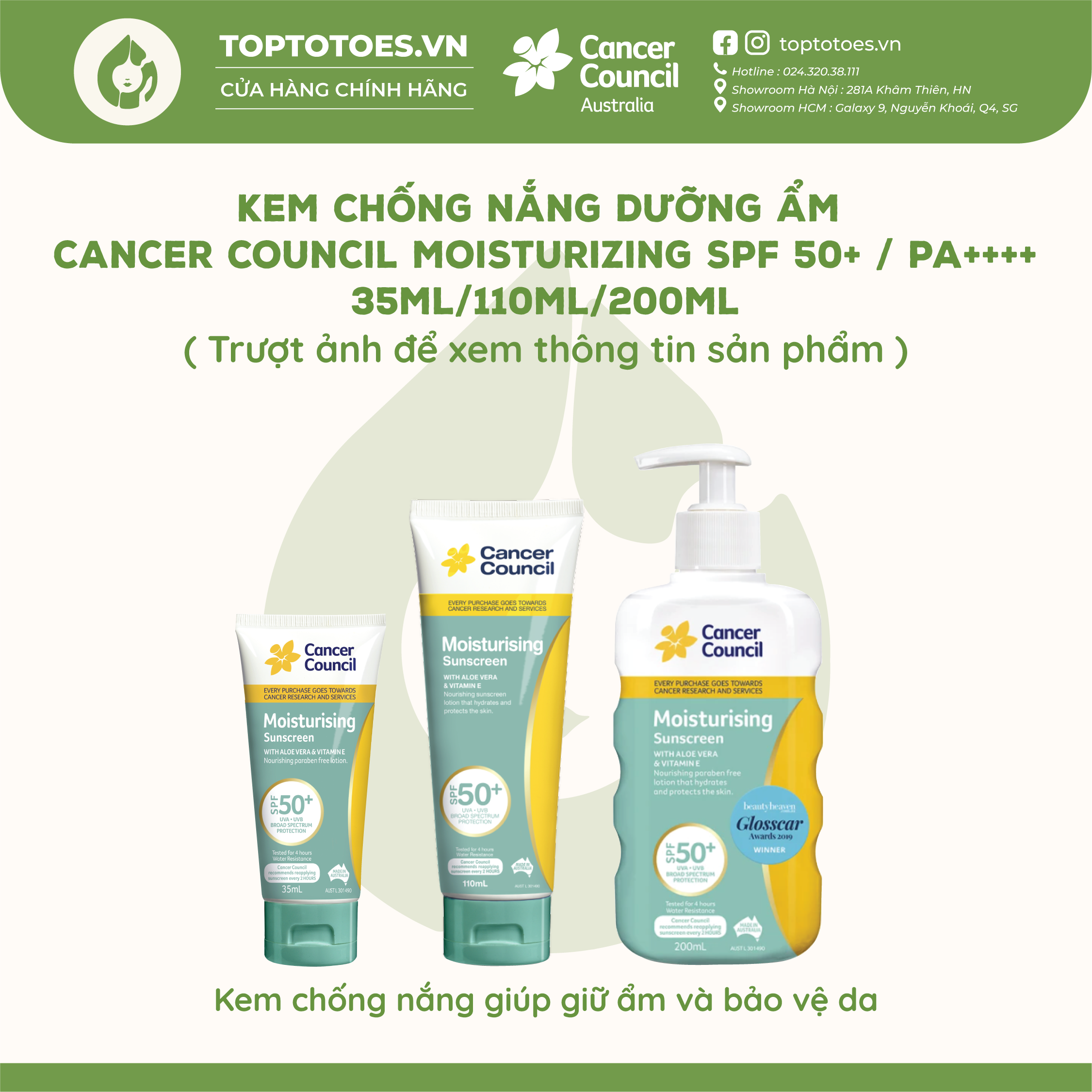 Kem chống nắng dưỡng ẩm cancer council moisturizing spf 50+/ pa ++++