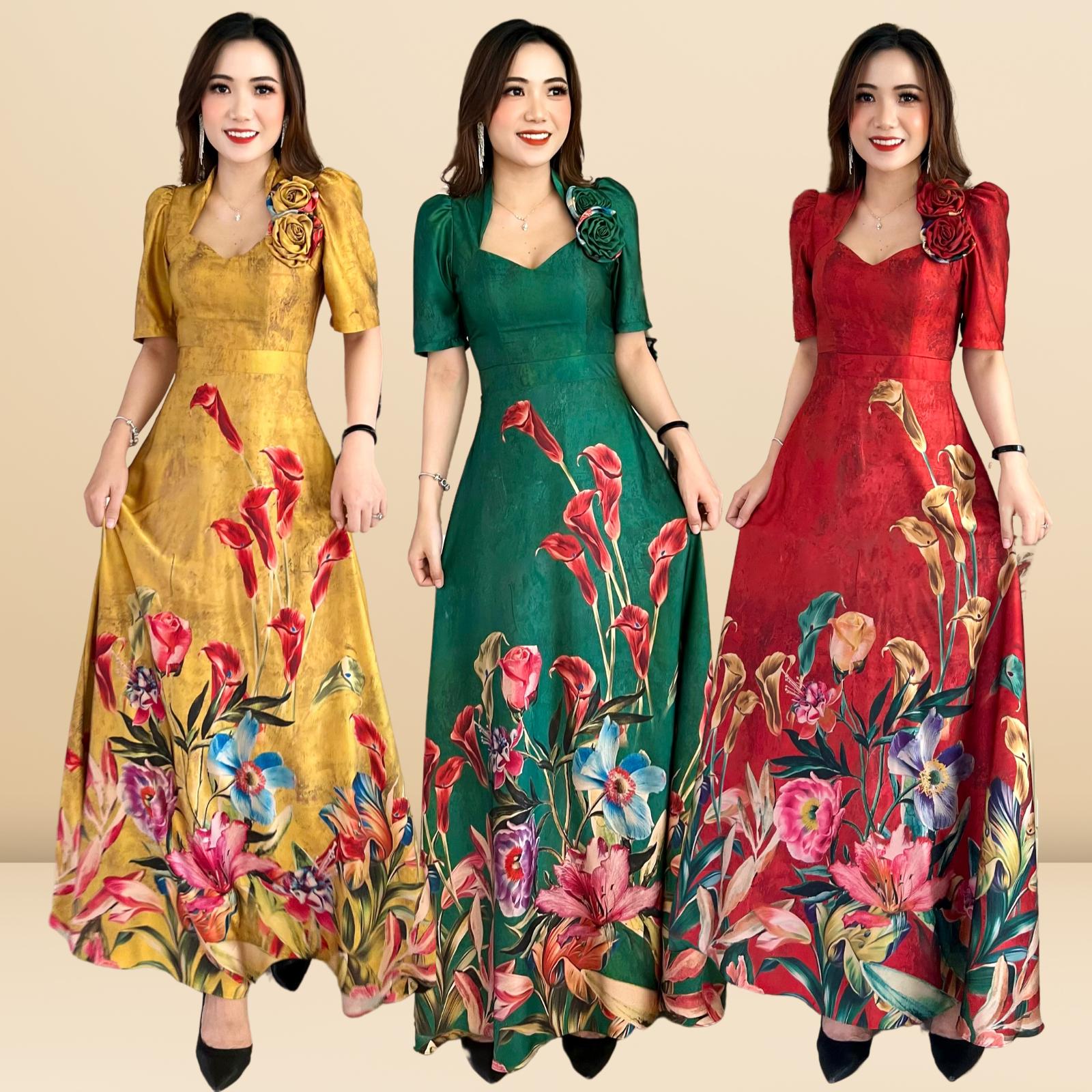 Đầm xoè nữ hoàng đỏ hoạ tiết hoa cao cấp sang trọng lilybelle dress