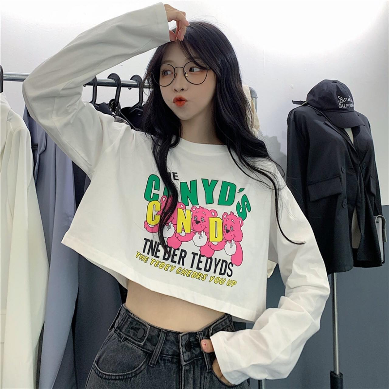 [HCM]Áo croptop tay dài loang màu in hình 3 CON GẤU cực hot