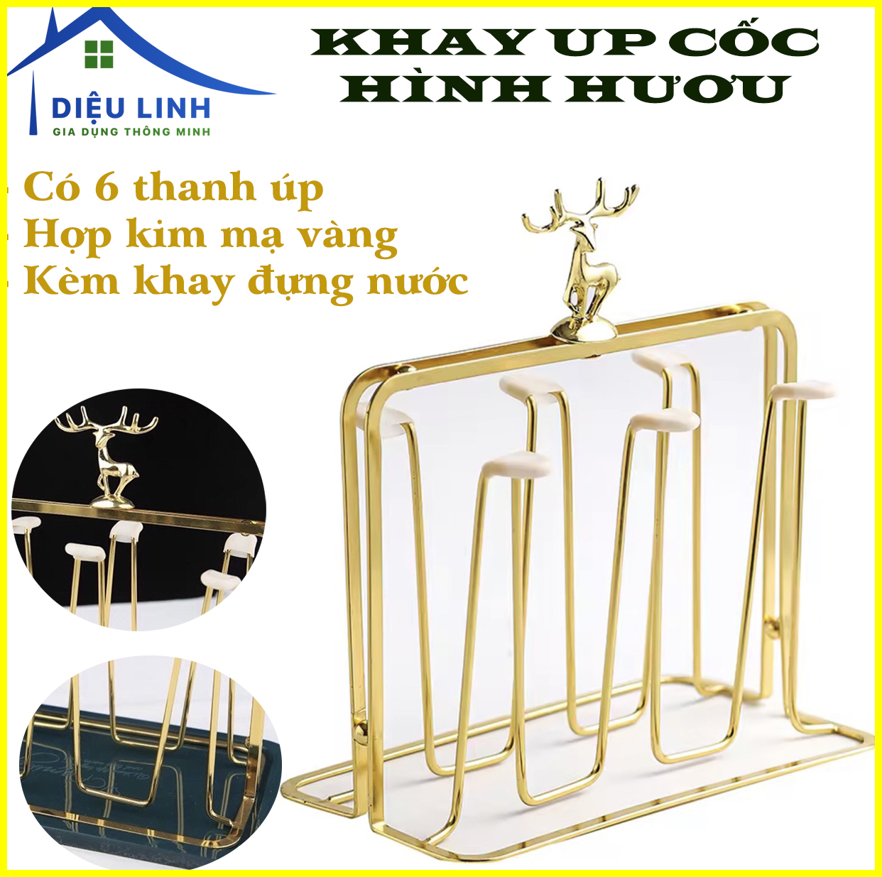  Khay úp ly cốc mạ vàng hình hươu kèm bộ hứng nước tiện dụng bằng thép hợp kim ko gỉ dieulinhshop 