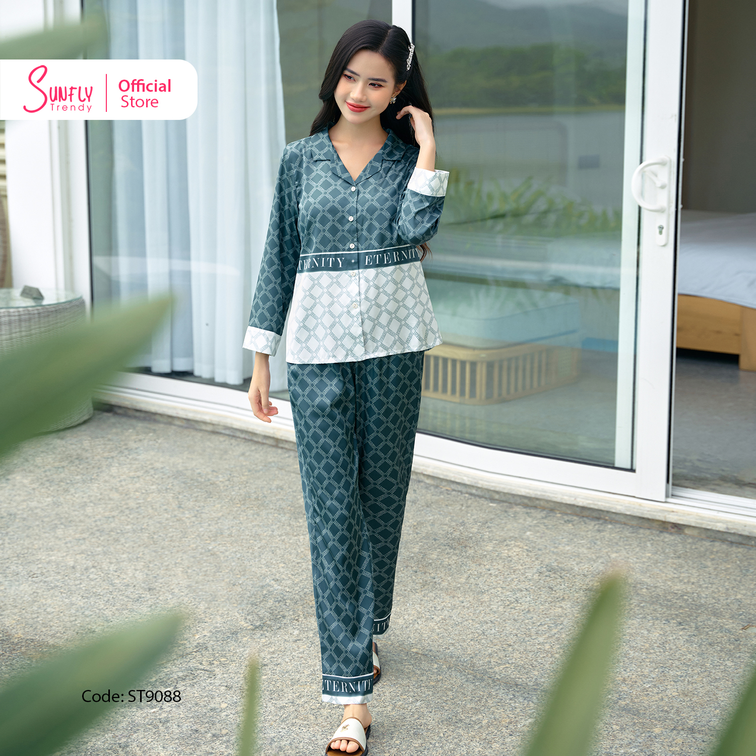 Bộ đồ pyjamas lụa mặc nhà nữ sunfly đồ ngủ nữ áo tay lỡ quần dài bộ đồ chất lụa mềm mịn mát st9088