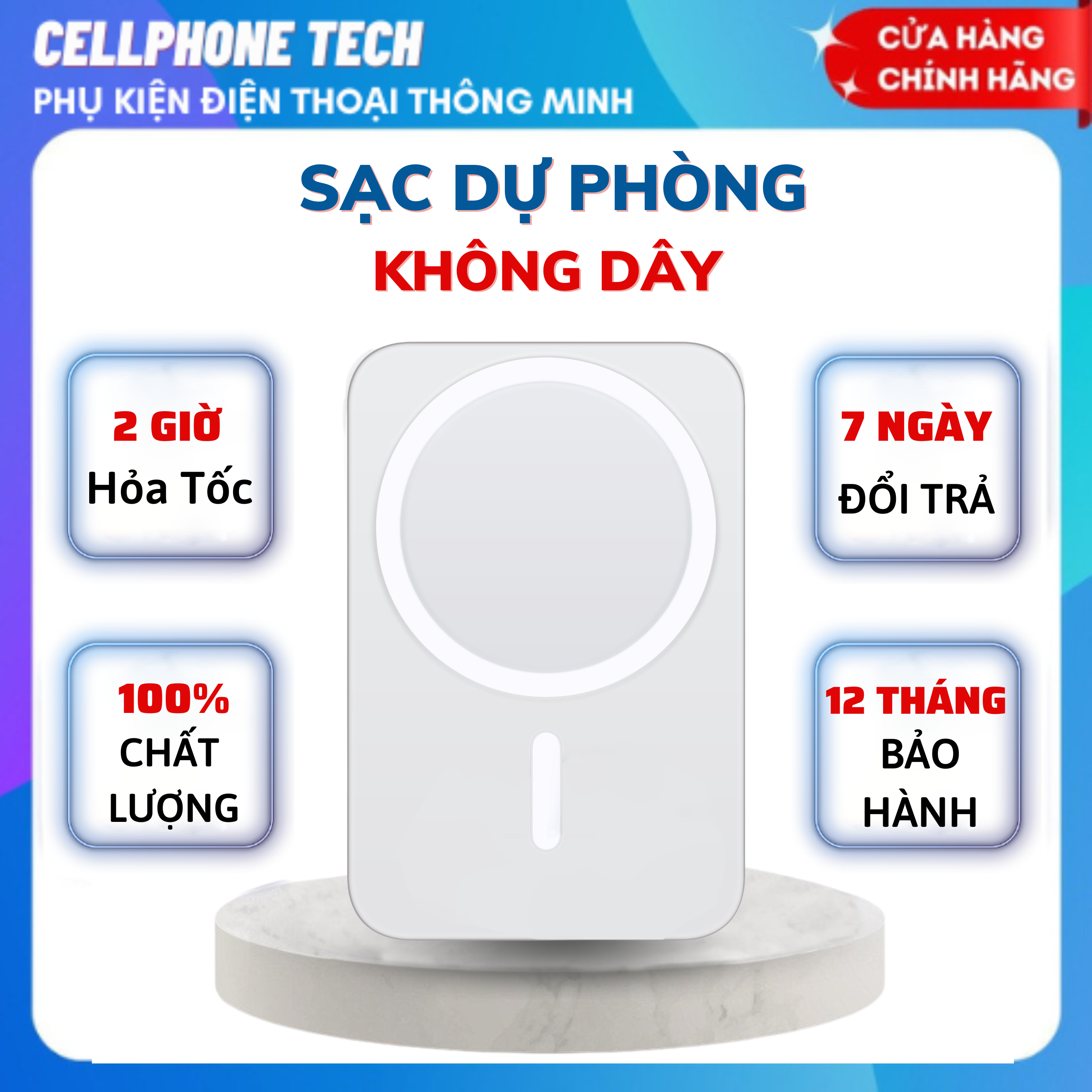 Sạc dự phòng không dây từ tính 5000mAh 10000mAh lực hút mạnh sạc nhanh chuẩn PD không nóng máy bảo hành 12 tháng