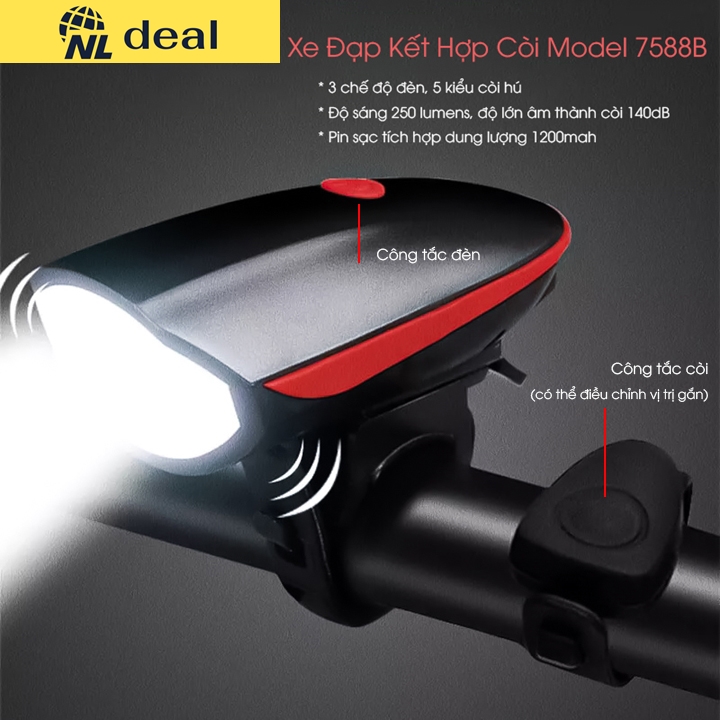 Nldeal Bộ Đèn Led Chiếu Sáng Model 7588B Công Tắc Rời Gắn Tay Lái Xe Đạp 3 Chế Độ Sáng Có Còi Hú 140dB 5 Chế Độ Hú
