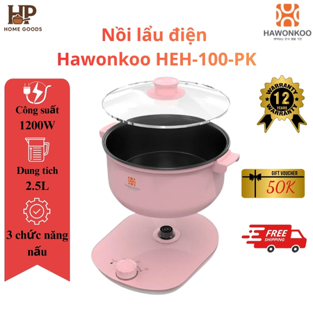 Nồi Lẩu Điện Đa Năng Hawonkoo HEH-100-PK 2.5L Nồi Chiên Xào Nấu Đế Tách Rời Chống Dính, Nồi Lẩu Mini Bếp Lẩu Đa Năng