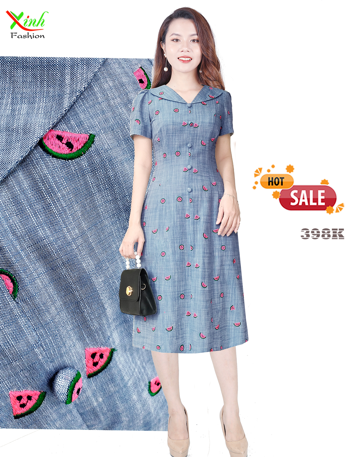 Đầm suông a cổ bẻ phối cúc thêu dưa hấu dl922
