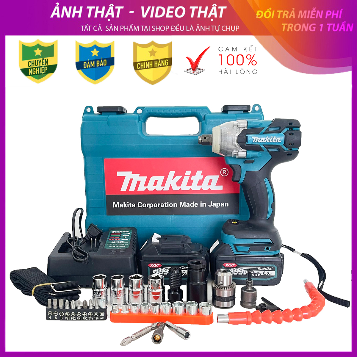 Máy Siết Bulong Pin MAKITA 199V không chổi than tích hợp đầu 2 trong 1 FULL BOX Theo Phân Loại