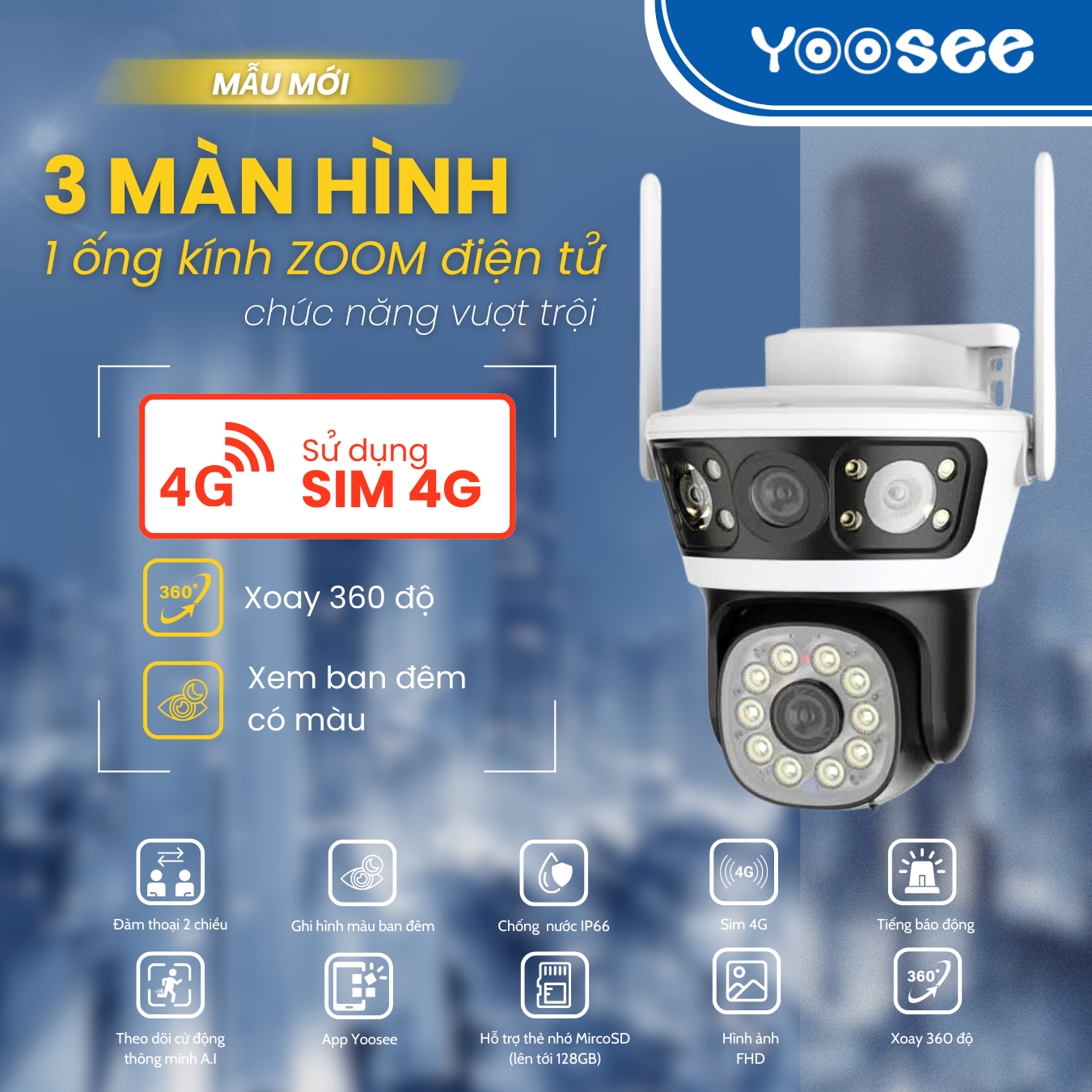 (BẢO HÀNH 12 THÁNG) - Camera SIM 4G YOOSEE 2 Mắt 3 Khung Hình Ngoài Trời, Chống Nước Chống Bụi, Hỗ Trợ FLASH Có Màu Ban Đêm, Đàm Thoại 2 Chiều