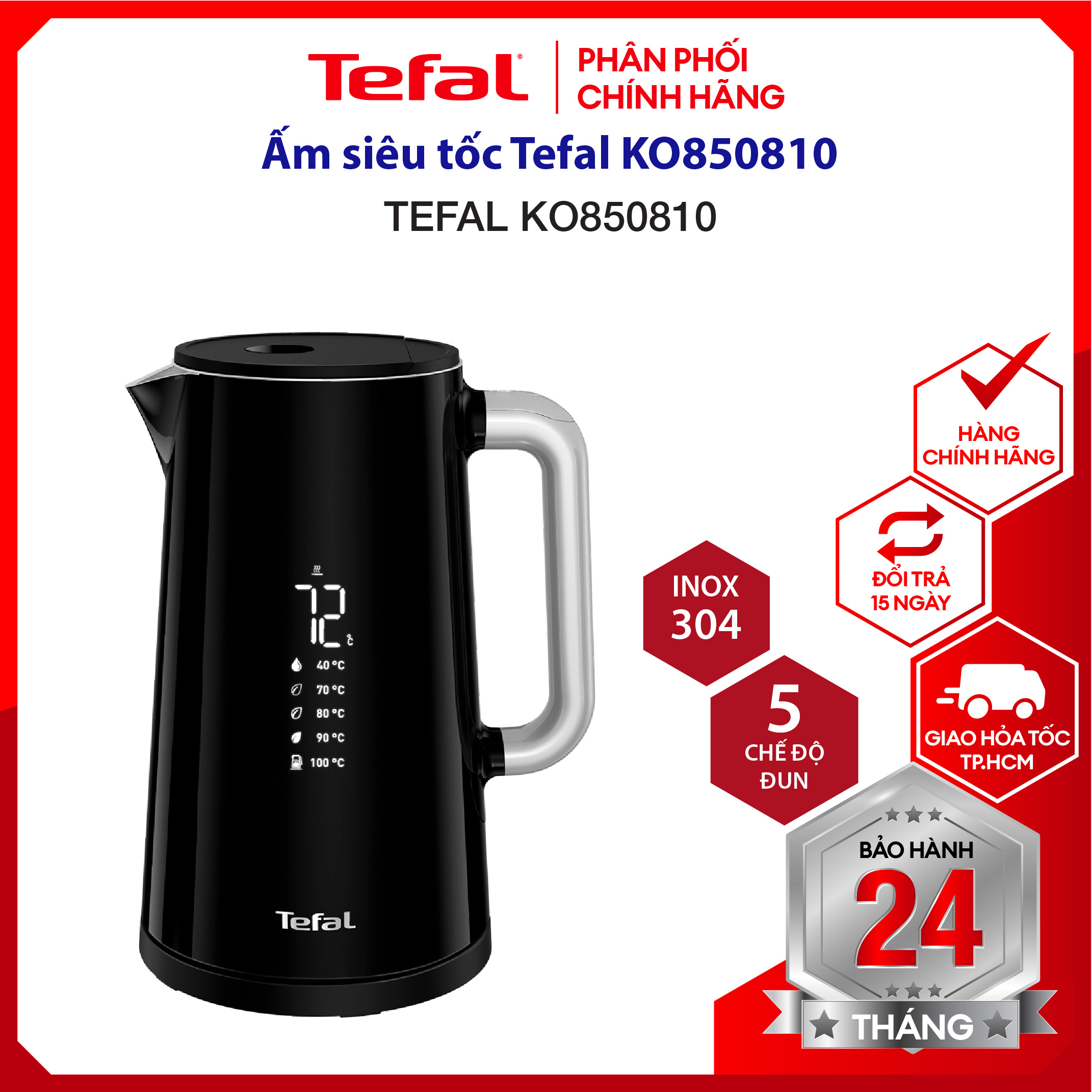 |hỏa tốc 2h| ấm đun nước siêu tốc, bình siêu tốc tefal ko850810 - 1800w 1.7l, điều khiển cảm ứng, bảo hành 2 năm