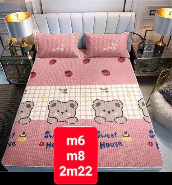 Chiếu điều hòa tencel cao su non, chiếu nằm điều hòa mẫu gấu dâu sweet đủ kích cơ 1m6, 1m8, 2m2 dày mịn
