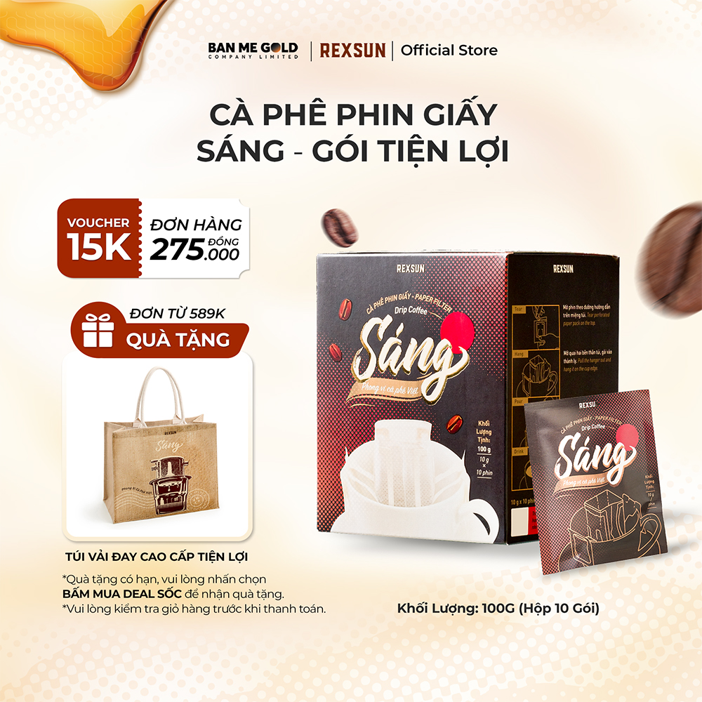 Cà Phê Sáng Phin Giấy - Hộp 100gr (10 Túi) - Không Đường Sữa - Cafe Nguyên Chất Cao Cấp Chính Hãng Ban Me Gold - Rexsun