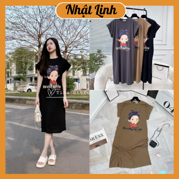 Đầm suông dài váy suông nữ mặc nhà mặc bầu in hình cô gái chất cotton NHẬT LINH - V38