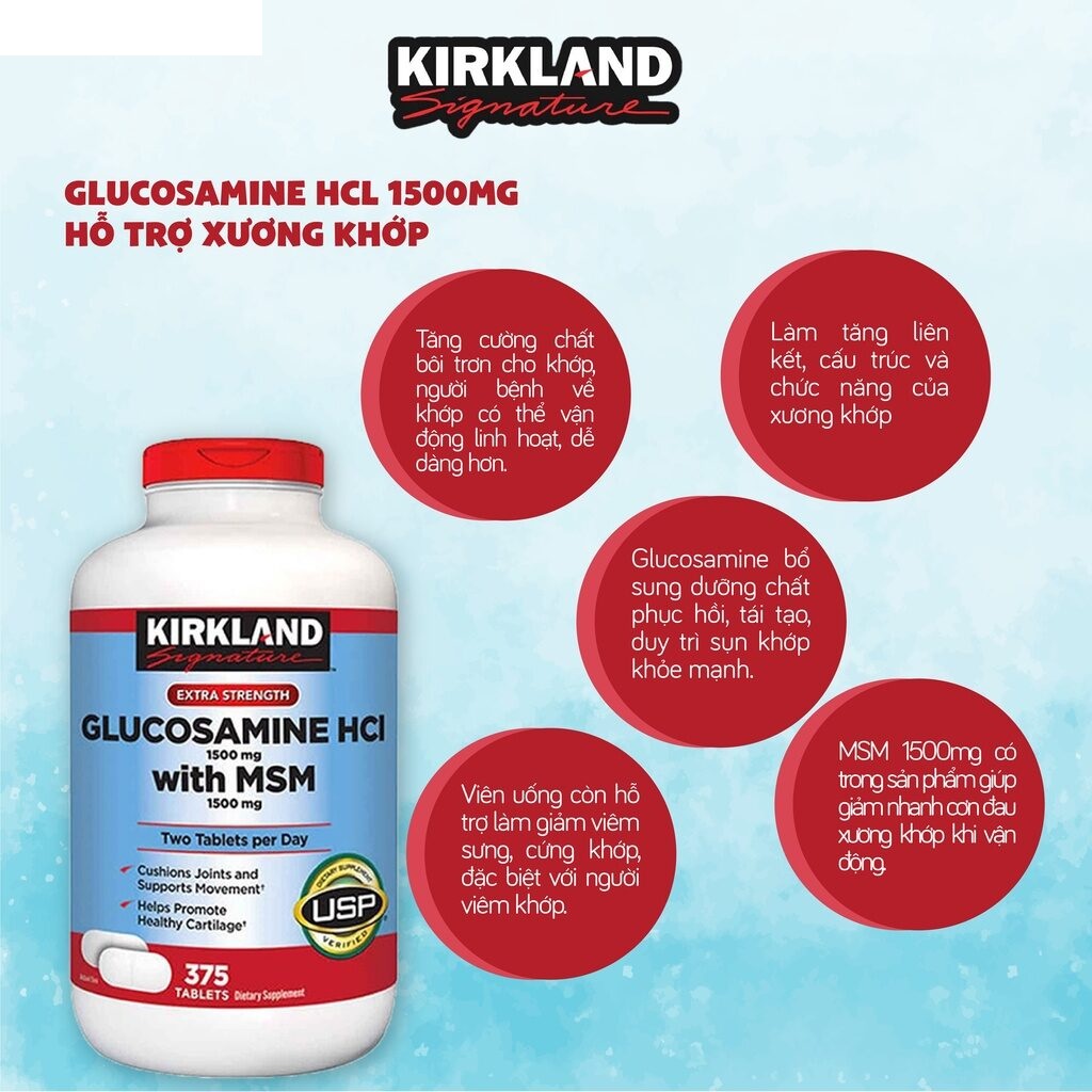 Thực phẩm chức năng bổ sung Glucosamine cho xương khớp Kirkland Glucosamine HCl 1500mg with MSM (375 Viên)