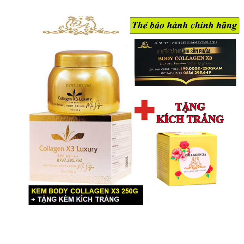 Tặng kích trắng x3 - Kem body collagen x3 luxury đông anh màu vàng trắng da toàn thân nhanh 250g mỹ phẩm collagenx3 chính hãng Nguyễn Huỳnh Như