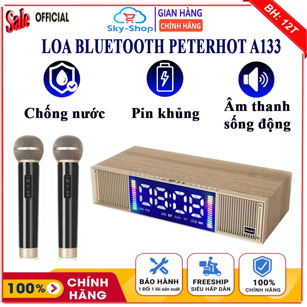 Loa Bluetooth, Loa karaoke bluetooth Peterhot A133 thiết kế cực đẹp, loa kéo karaoke tặng kèm 2 mic không dây, pin khủng, bass cực mạnh, âm thanh siêu đỉnh, màn hình LCD hiển thị, đèn led theo nhạc, loa bluetooth mini, loa kéo, loa