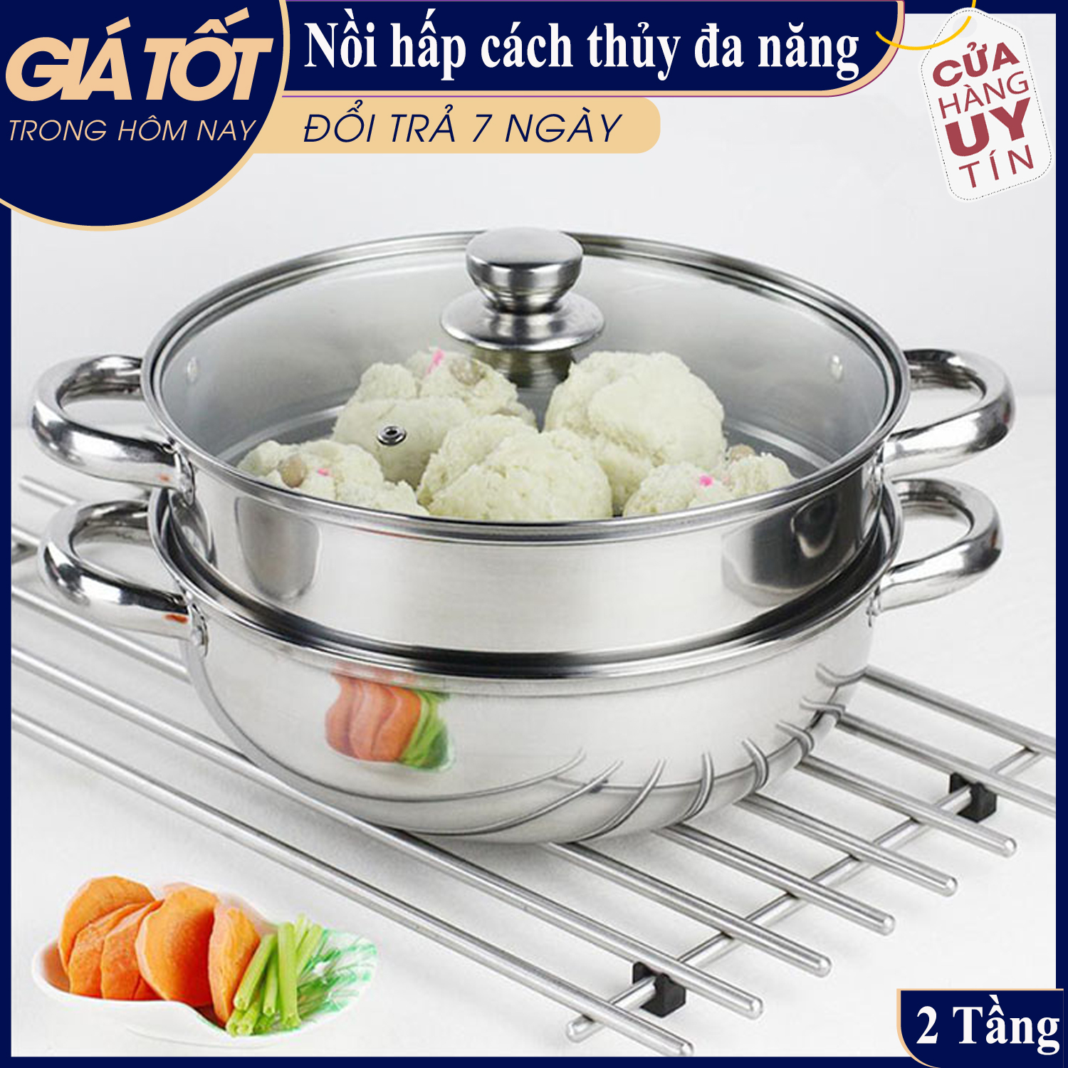 Nồi hấp cách thủy đa năng/Nồi lẩu kiêm nồi hấp 2 tầng inox/Nồi lẩu 2 tầng/nồi 2 tầng đa năng/Nồi Inox 2 tầng kèm nắp thuỷ tinh/Nồi Xửng hấp 2 tầng đa năng