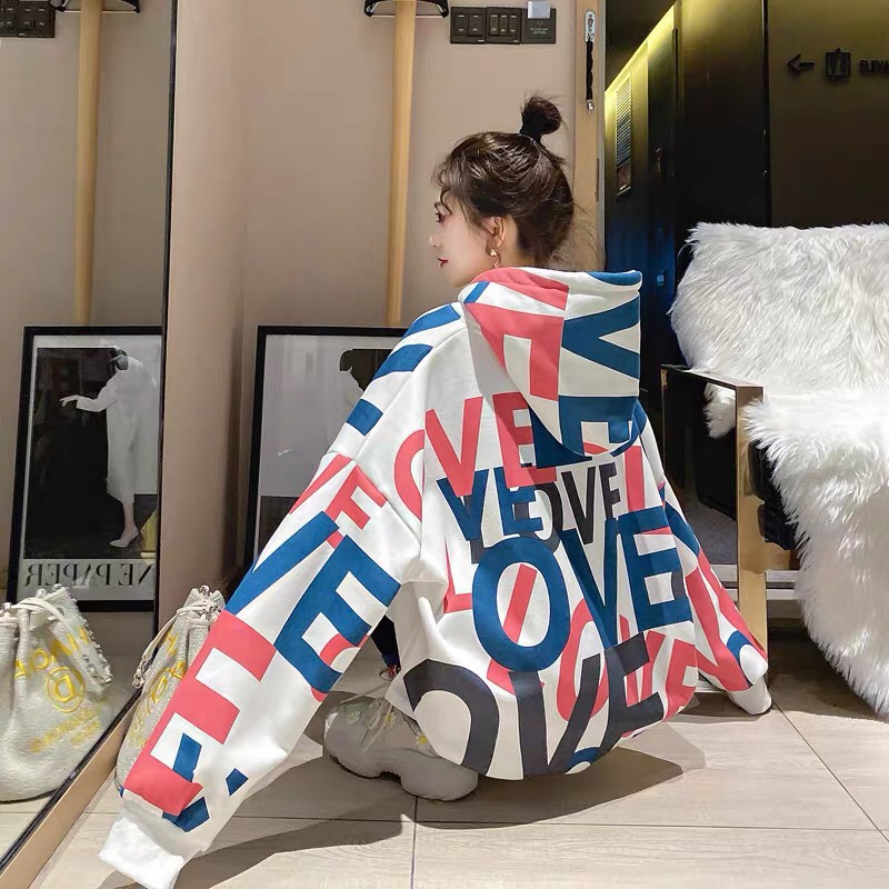 Áo khoác hoodie nữ phối chui phối chữ love 3d siêu chất ngất