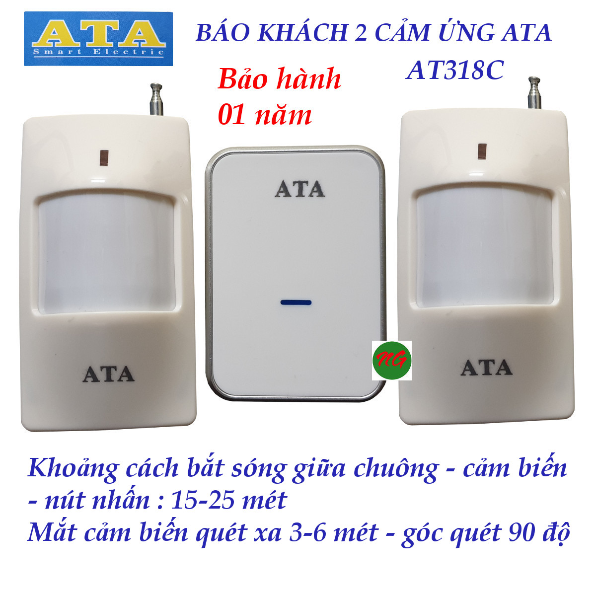 Bộ chuông - 2 MẮT cảm biến hồng ngoại báo khách ATA 318C - tiếng chuông hay và lớn chuong bao khach cam ung chuyen dong