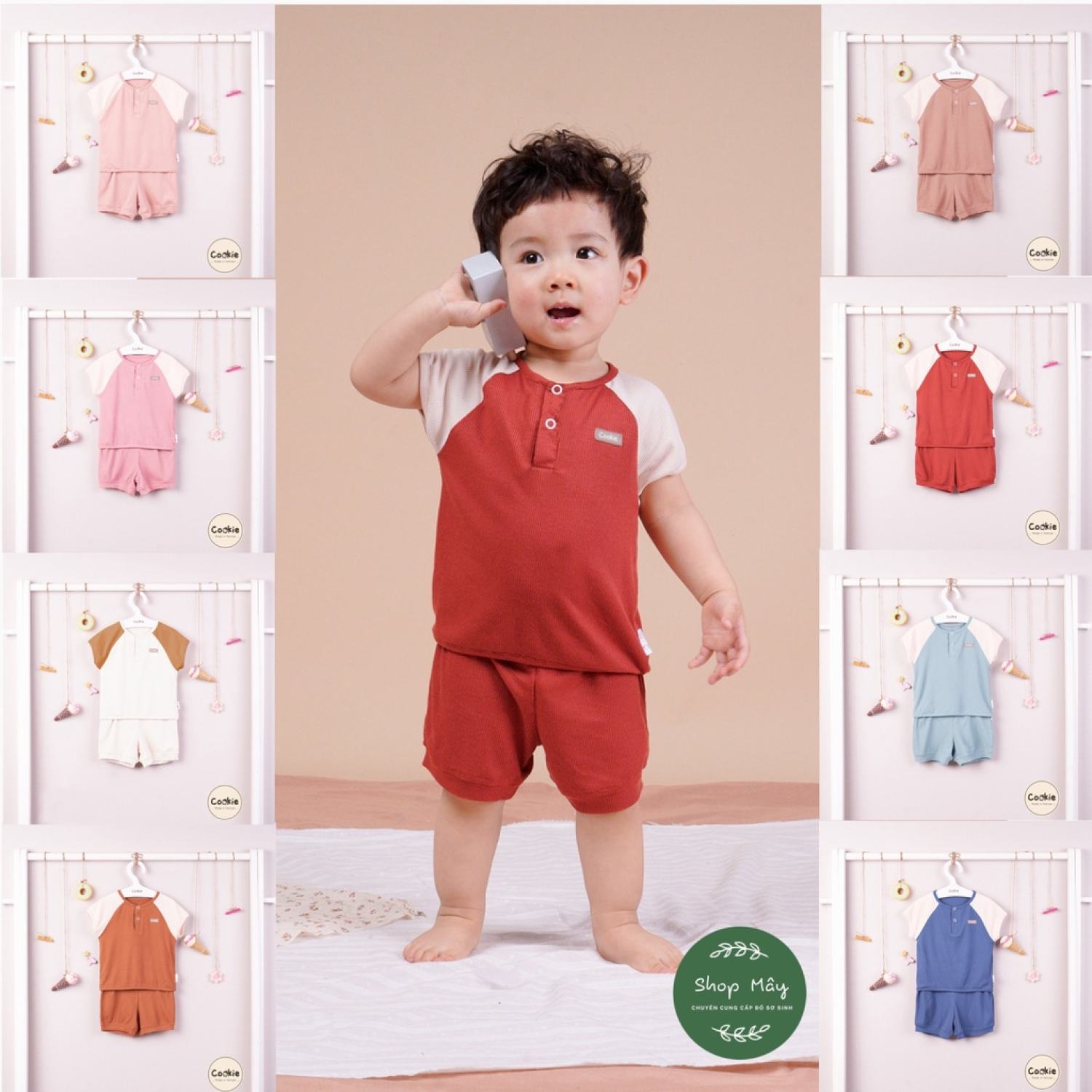 Bộ cộc tay bổ trụ chui đầu COOKIE cho bé - chất cotton tăm mềm mát