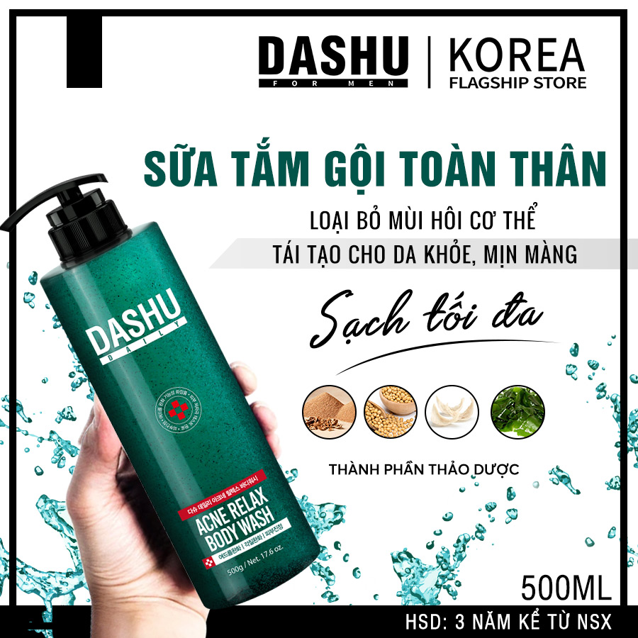 Sữa tắm cho nam nữ Hàn Quốc Dashu Daily Acne Relax 500ml, sua tam triết xuất thảo mộc, rong biển giúp kháng khuẩn, làm sạch sâu, tẩy da chết, hết bã nhờn, ngừa mụn lưng, dưỡng ẩm tốt cho da khô, da nhạy cảm, lưu hương lâu