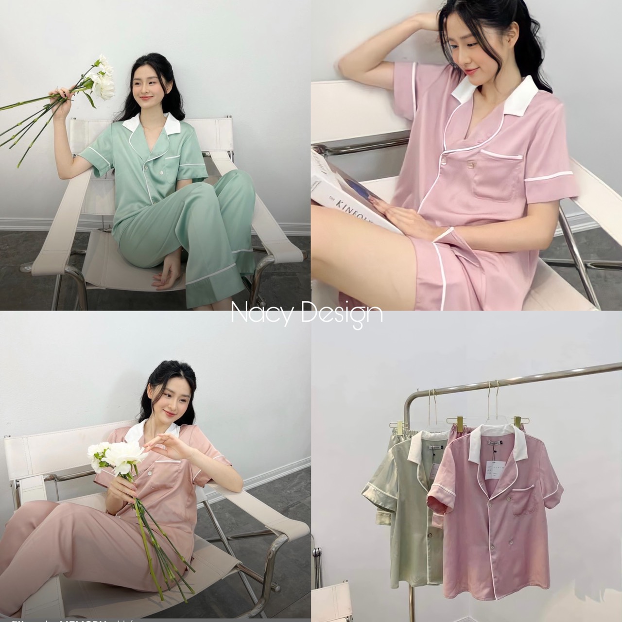 Bộ ngủ pizama quần dài áo cộc, bộ đùi chất lụa mềm mại thoải mái Freeship