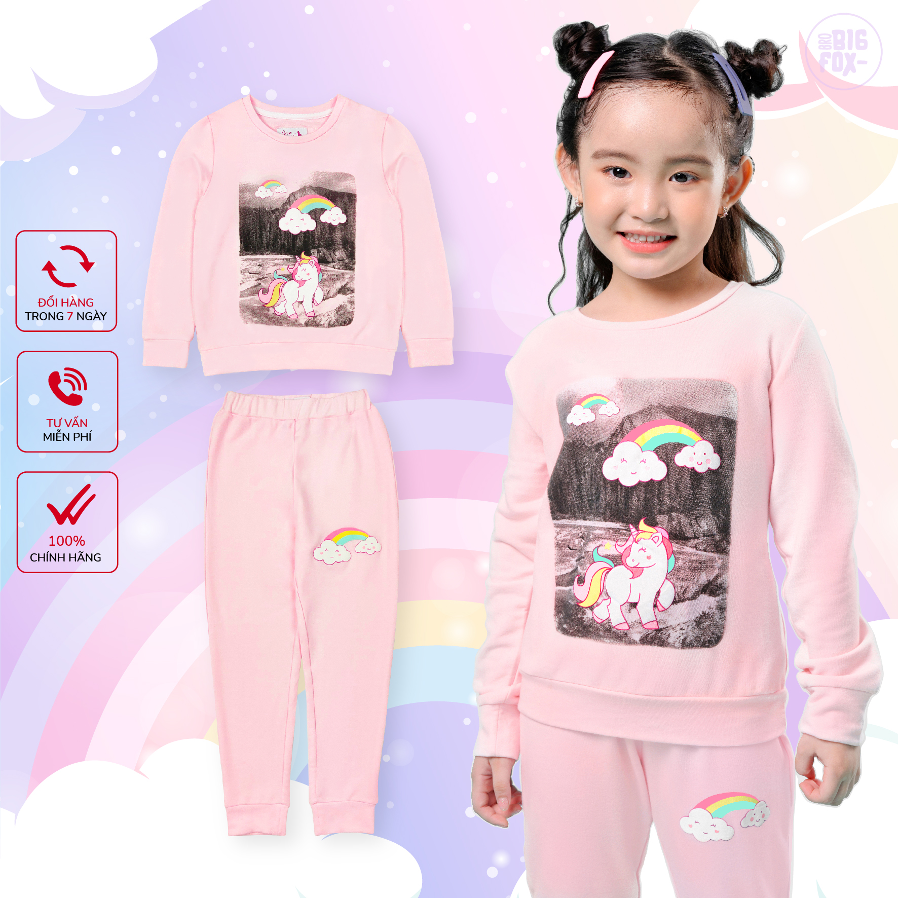 Đồ Bộ Bé Gái BigFox Missmeow Size Đại, Set Bộ Quần Áo Dài Tay Cho Bé In Hình Unicorn Hồng Mây 2-11