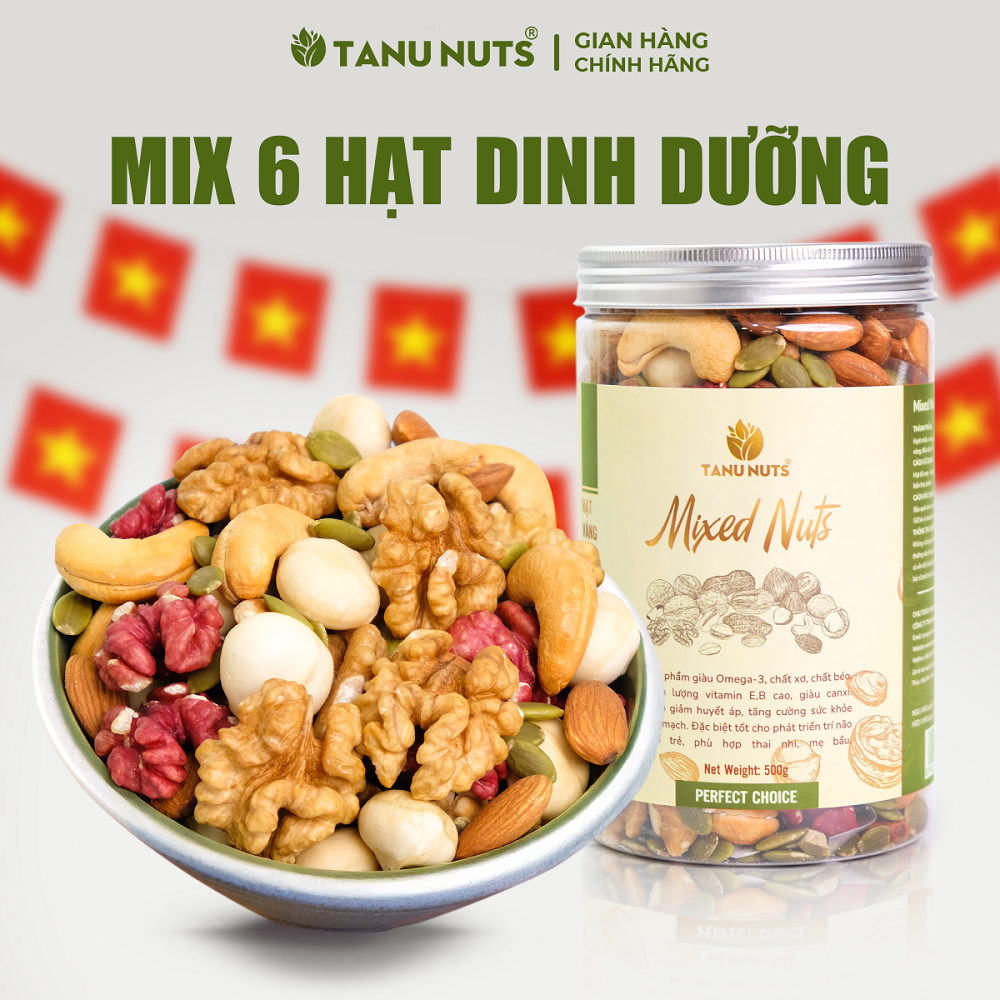Hạt dinh dưỡng mix 6 loại hạt TANU NUTS hũ 350g/500g ngũ cốc granola mix hạt hạnh nhân, điều, macca, bí xanh, óc chó vàng - đỏ tốt cho bà bầu,bé.