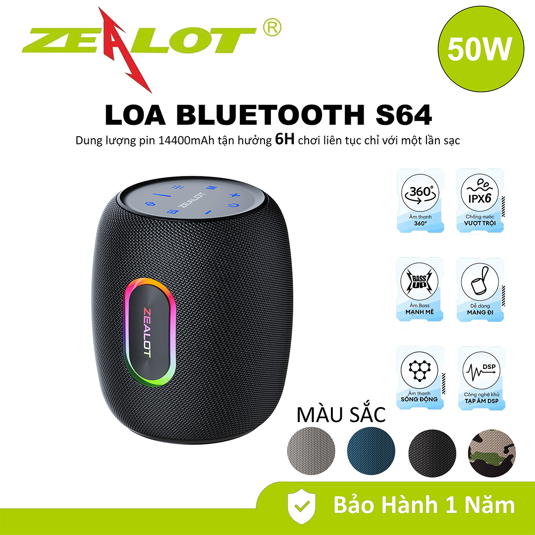 Loa Bluetooth Zealot S64 Công Suất 50W | Loa Di Động Hỗ Trợ Thẻ TF/USB/AUX/TWS Kết Nối 2 Loa | BẢO H