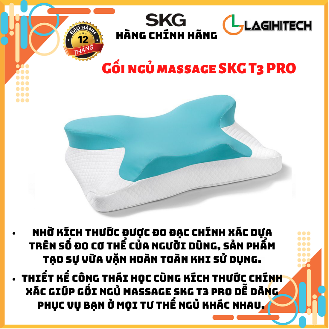 Gối ngủ massage công thái học skg t3 pro - hàng chính hãng bảo hành 1 năm