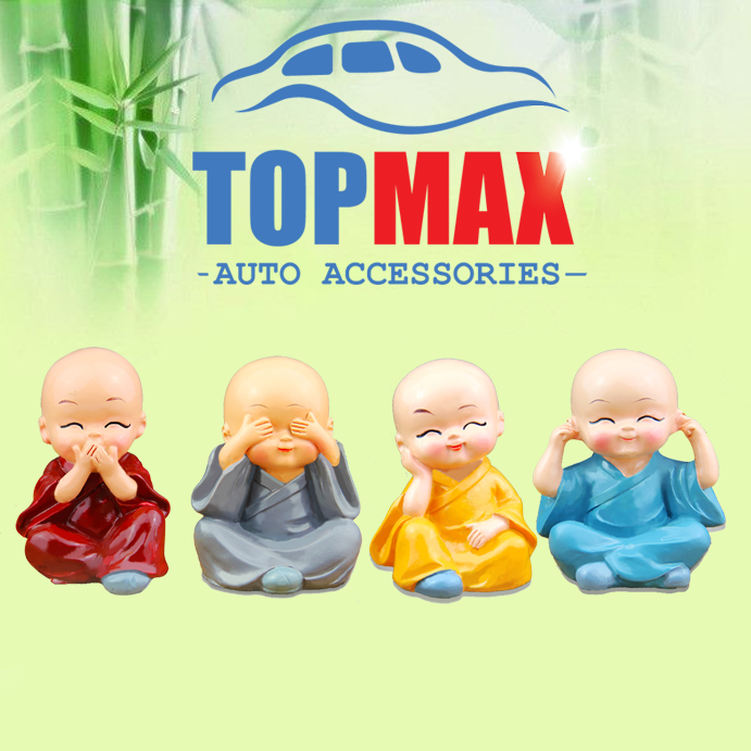 Bộ tượng 04 chú tiểu ngộ nghĩnh trang trang trí trên xe ô tô, bàn làm việc đầy ý nghĩa.