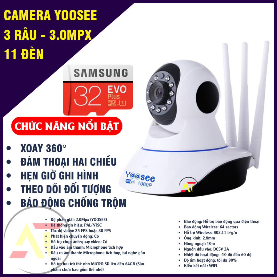 Camera ip wifi yoosee 3 râu new 2022 - xoay 360 độ - đàm thoại 2 chiều - báo động chống trộm-camera gia đình nhỏ gọn-camera an ninh giám sát wifi-camera wifi yoosee-camera an ninh giá rẻ-camera wifi yoosee bảo hành