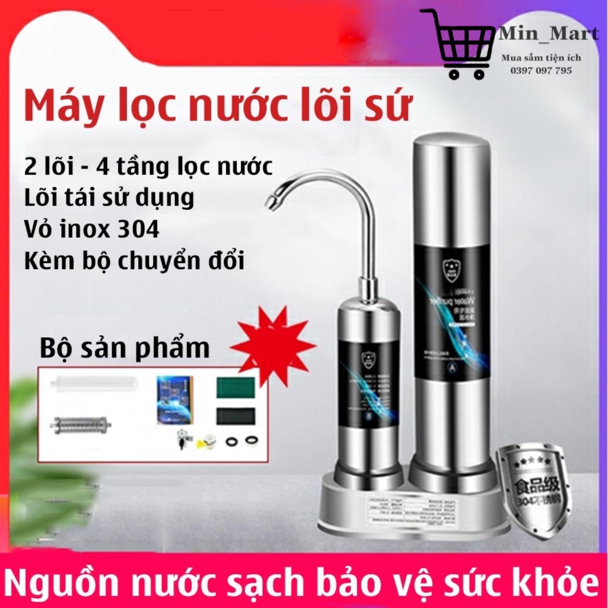 Máy Lọc Nước Mini Water Purifier Tại Vòi Phục Hồi Nguồn Nước Sinh Hoạt,Bộ Lọc 2 Lõi Sứ Than Hoạt Tính,Không Nước Thải,Không Cần Dùng Điện,Bảo Hành 1 Năm, MIN_MART