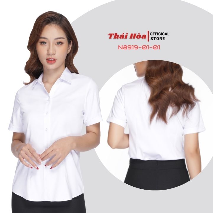 Áo sơ mi nữ công sở ngắn tay chất vải cotton - Sơ mi nữ Thái Hòa N047 màu trắng kiểu dáng bacsic
