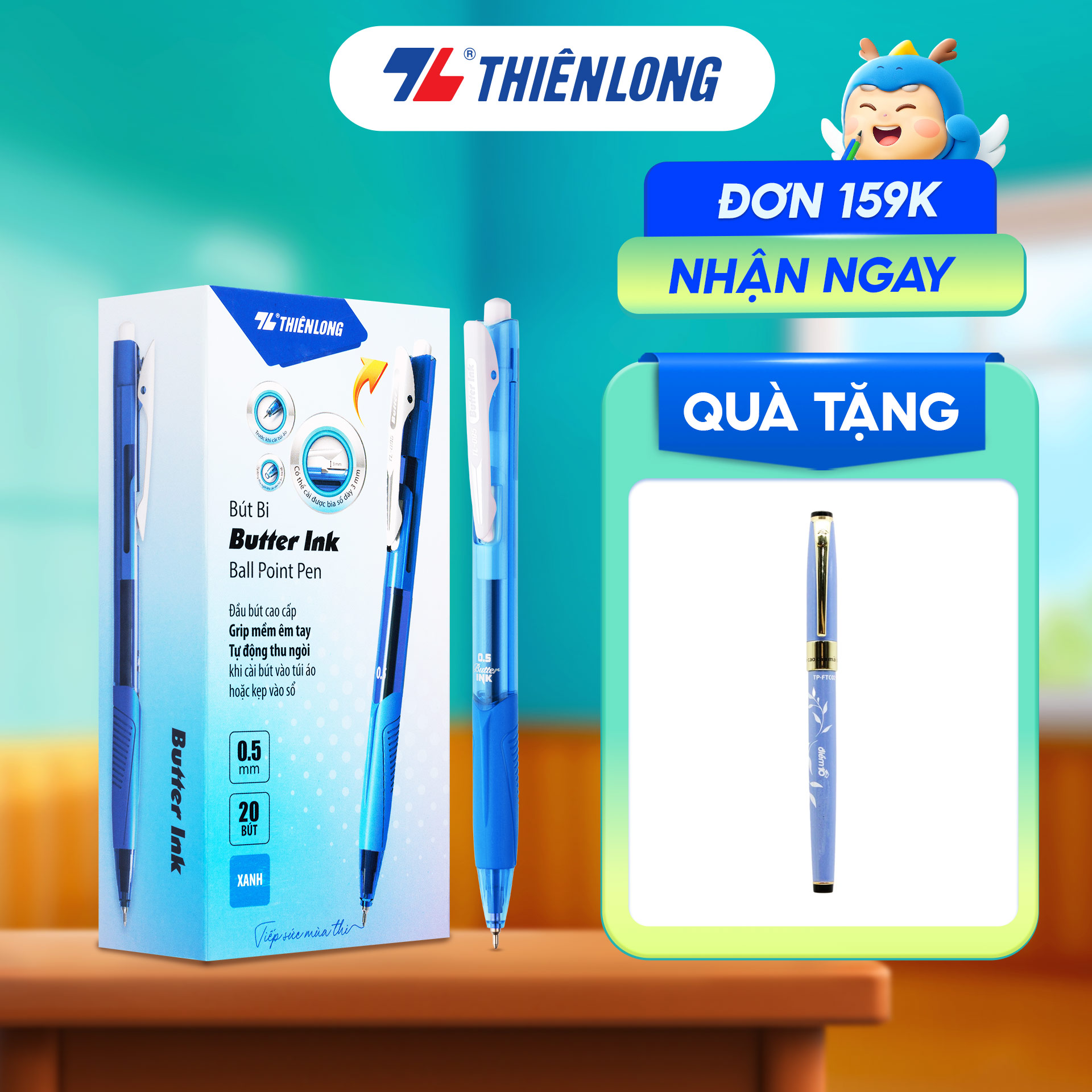 Combo 5/10/20 Bút bi Thiên Long, bút Butter Gel TL-095 mực xanh/ đỏ/ đen ngòi 0.5mm kiểu dáng hiện đại cầm tay thoải mái, nét đều trơn