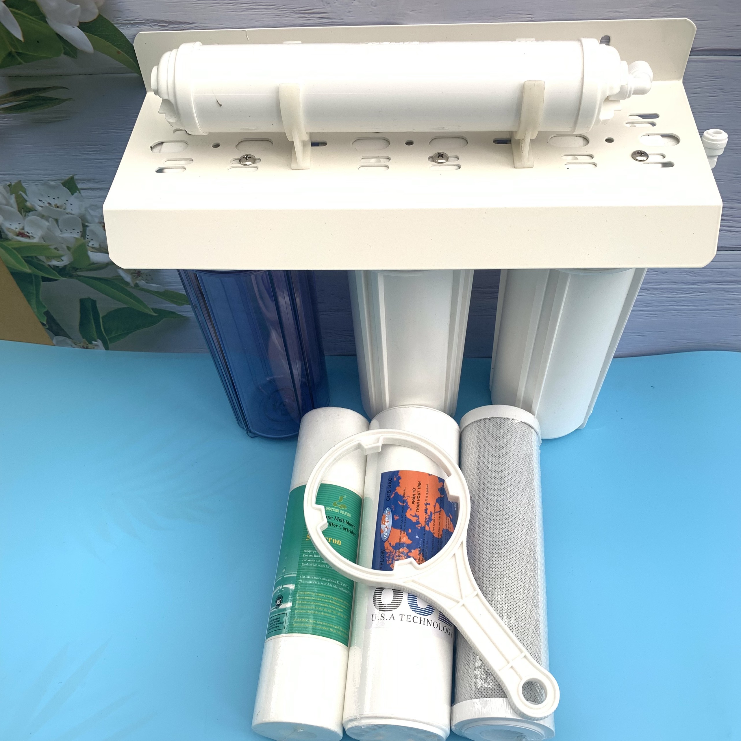 Bộ lọc thô, bộ lọc sinh hoạt 3 cốc xử lý nước đầu nguồn 10inch 1 trong 2 xanh , bộ lọc nước 3 cốc