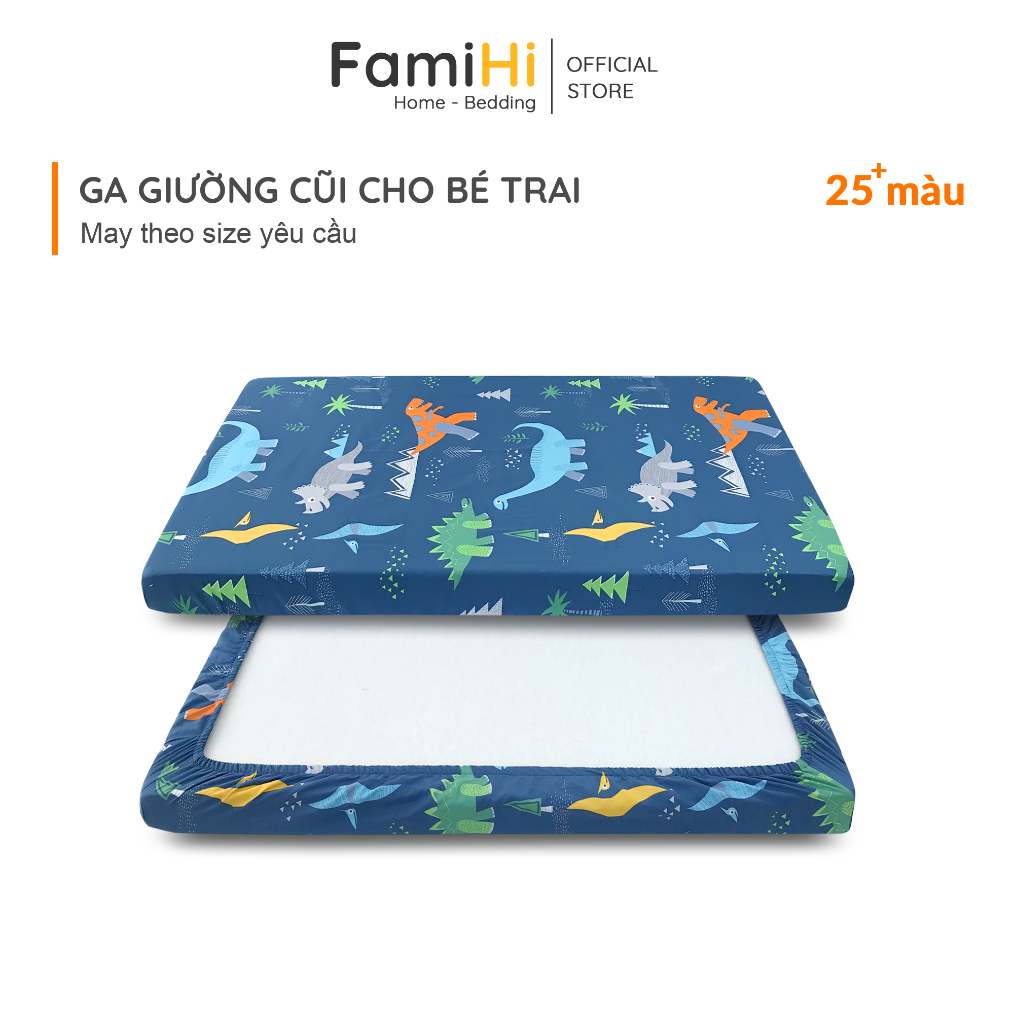 Ga bọc đệm cũi cho bé trai FamiHi cao cấp, ra giường họa tiết trẻ em Cotton Sateen 100% sợi tự nhiên mềm mát.